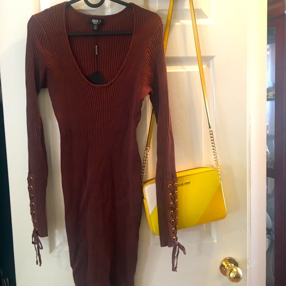 Long sleeve ribbed sweater dress w/ string sleeves - Picture 1 of 2